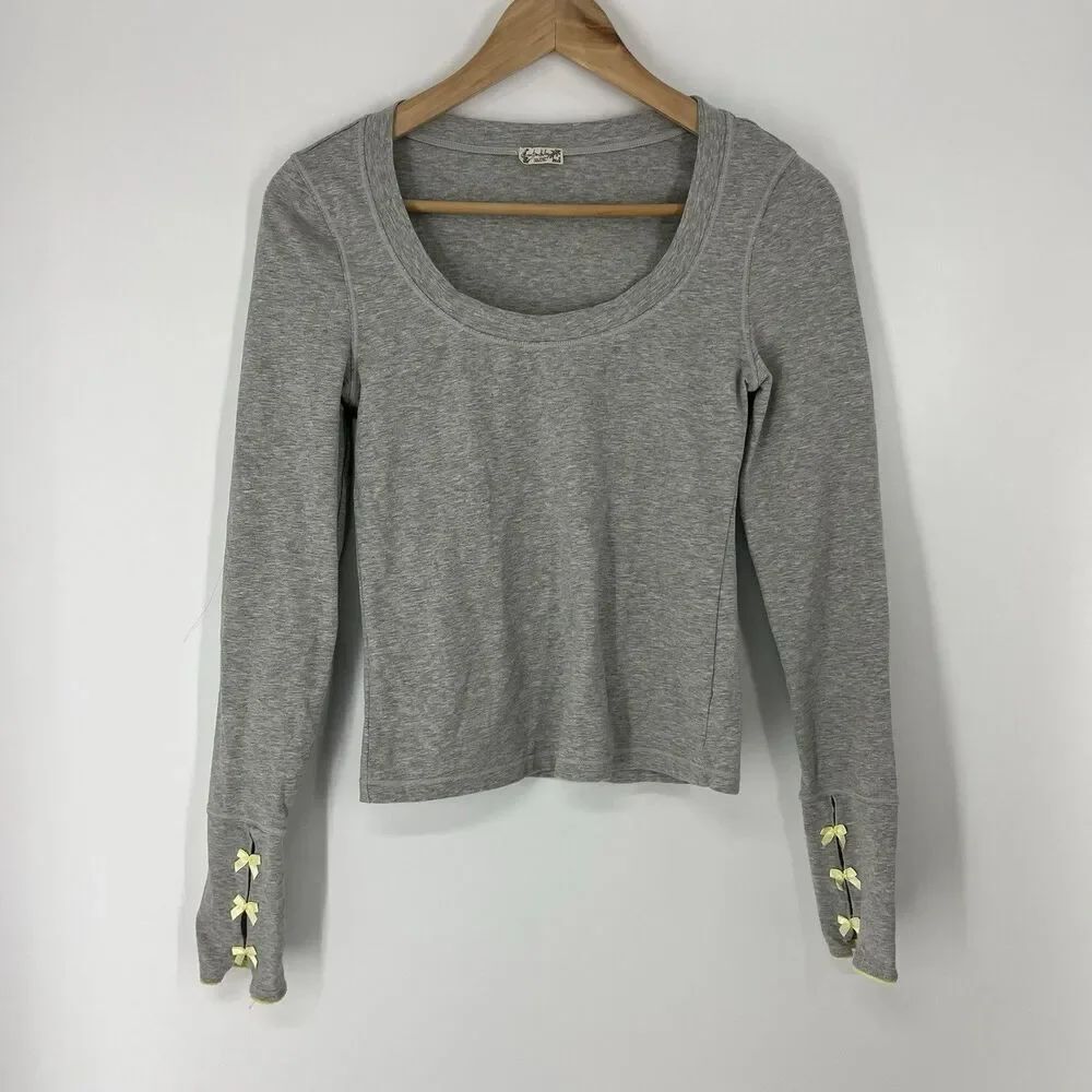 Intimately Free People Top Size XS Gray Long Sleeve Scoop Neck Lace Bow Cuff